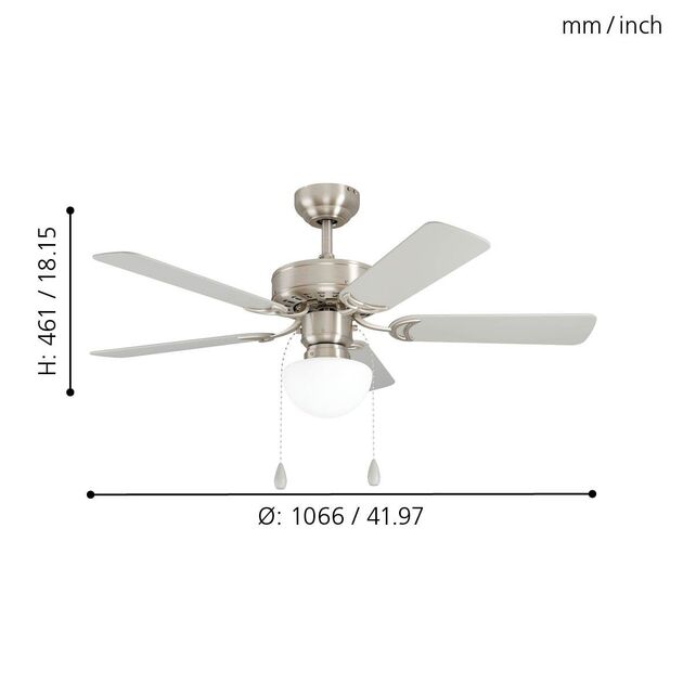 EGLO 35074 İç Mekan CADIZ Mat nikel dökme çelik Tavan vantilatörü ve Aydınlatmalı Kanat Çapı:106,6 cm E27 Duy: 1X40W Ampul hariçtir