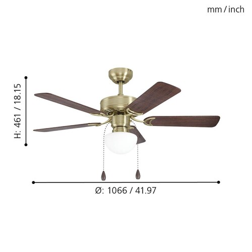 EGLO 35075 İç Mekan CADIZ Eskitilmiş Pirinç dökme Çelik Tavan Vantilatörü Aydınlatmalı Kanat Çapı: 106,6 cm E27 Duy:1X40W Ampul hariçtir. IP20 - Thumbnail