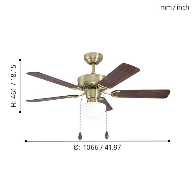 EGLO 35075 İç Mekan CADIZ Eskitilmiş Pirinç dökme Çelik Tavan Vantilatörü Aydınlatmalı Kanat Çapı: 106,6 cm E27 Duy:1X40W Ampul hariçtir. IP20
