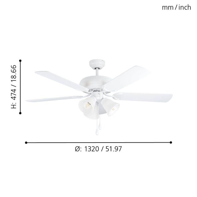 EGLO 35076 İç Mekan ” LAS PALMAS ” mat beyaz dökme çelik Spot lı/ gölgelikli vantilatör Aydınlatma. Kanat Çapı: 132 cm E27 Duy: 3X40W Ampul hariçtir