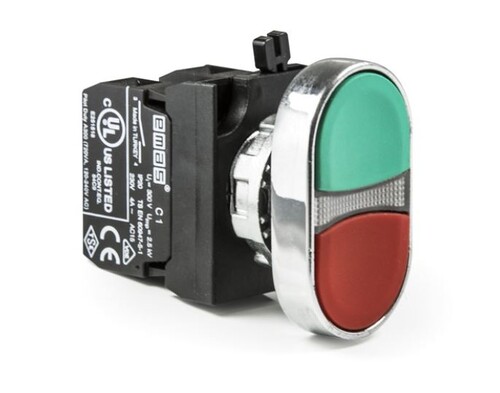 EMAS - Emas Metal 1NA 1NK Çiftli Düz Kırmızı-Yeşil 22 mm Buton CM102K20KY